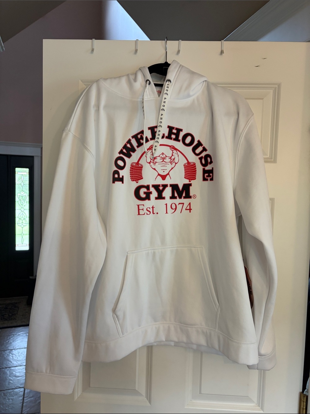 Powerhouse Gym Unisex White Hoodie with Red Logo